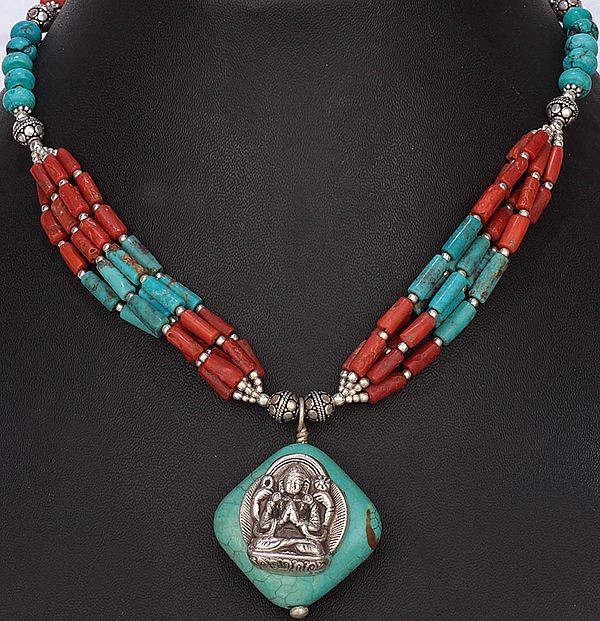Chenrezig (Shadakshari Avalokiteshvara) Necklace with Coral and Turquoise