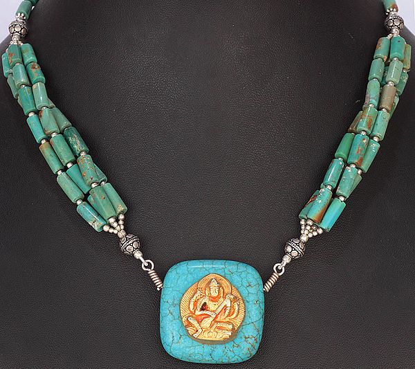 Turquoise Beaded Necklace with Goddess Saraswati Pendant