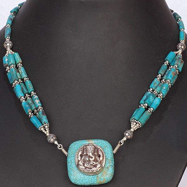 Turquoise Beaded Necklace with Ganesha Pendant