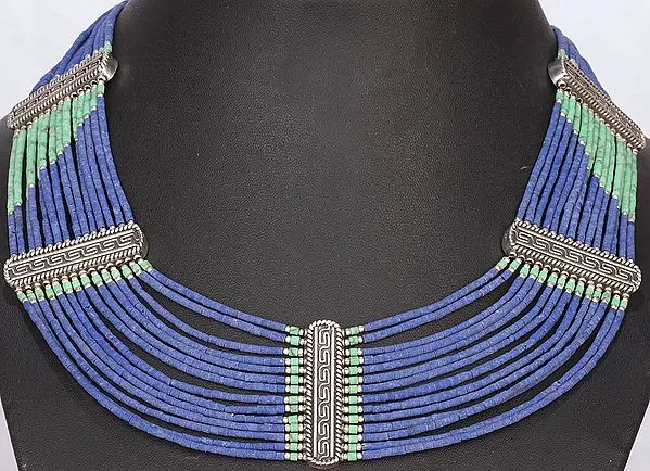 Multi-strands Turquoise and Lapis Lazuli Beaded Necklace
