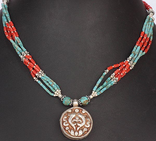 Pair of Fish (Ashtamangala) Necklace with Turquoise and Coral