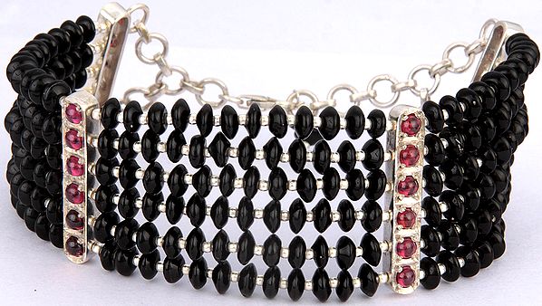 Black Onyx Six-strands Beaded Bracelet with Pink Tourmaline