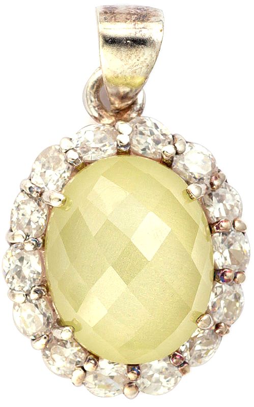 Faceted Prehnite Oval Pendant with CZ