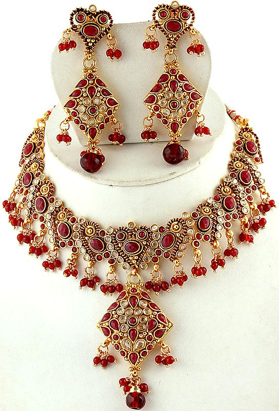 Faux Ruby Polki Necklace with Earrings Set