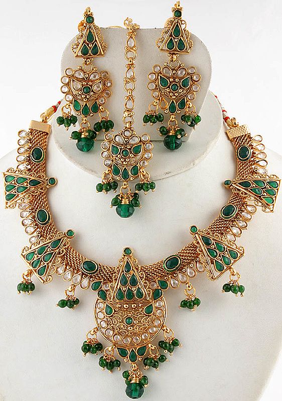 Faux Emerald Necklace with Earrings and Tika Set