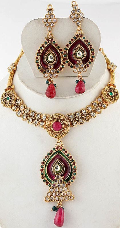 Meenakari Necklace Set with Faux Ruby and Emerald
