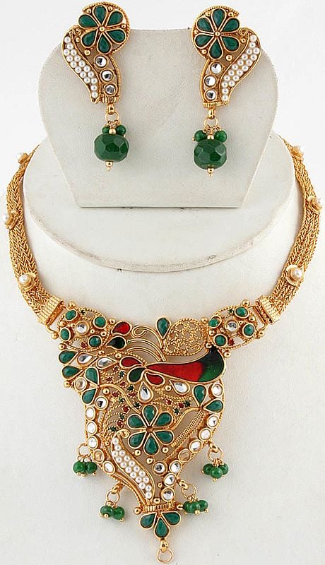 Meenakari Polki Necklace Set with Faux Emerald and Pearl