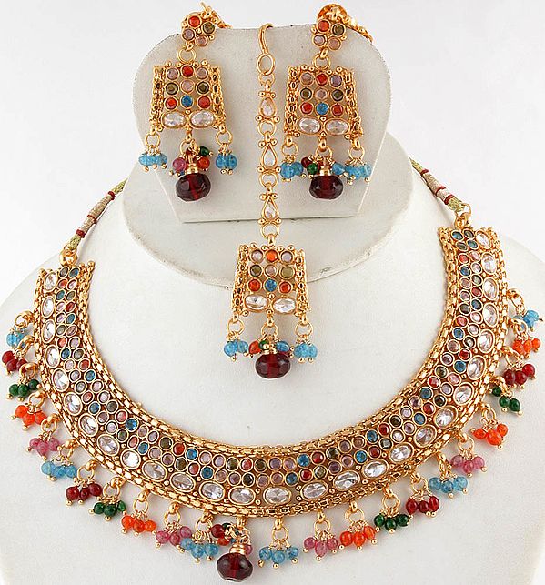 Multi-color Cut Glass Polki Necklace with Earwrap Earrings and Mang Tika Set