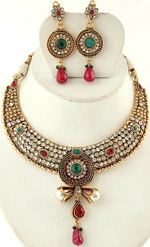Faux Emerald and Ruby Necklace with Earrings Set
