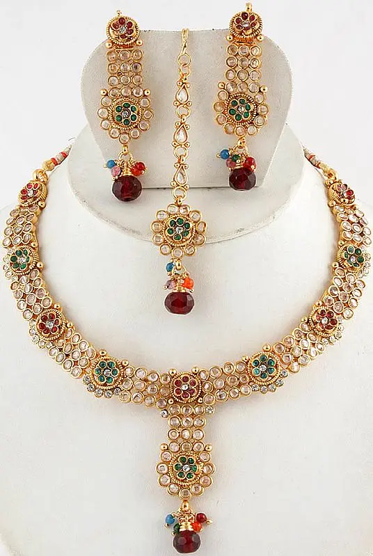 Polki Floral Necklace with Earrings and Mang Tika Set