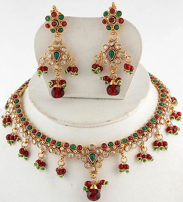 Faux Ruby and Emerald Polki Necklace Set