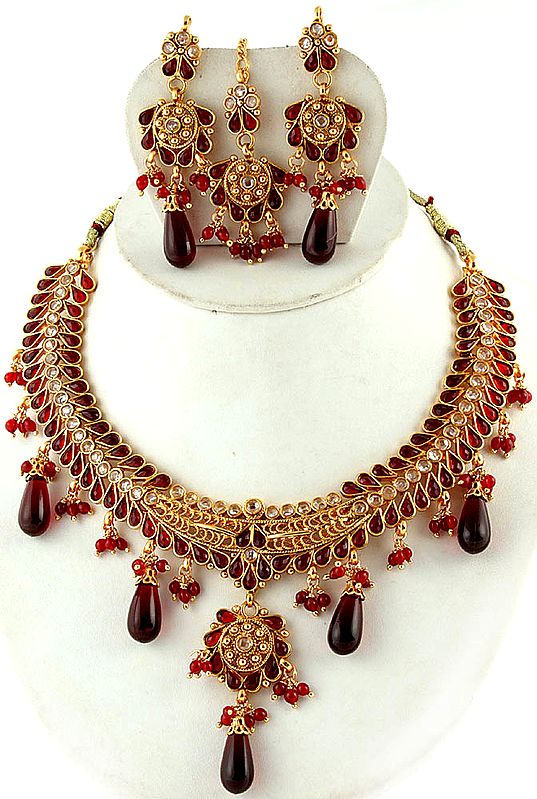 Polki Floral Necklace  with Earrings and Mang Tika Set