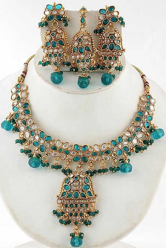 Faux Apatite Polki Necklace with Earrings and Mang Tika Set