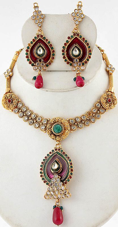 Meenakari Polki Necklace Set with Faux Ruby and Emerald