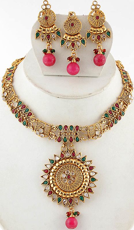 Polki Filigree Necklace Set with Faux Ruby, Emerald and Large Dangling Sun Pendant