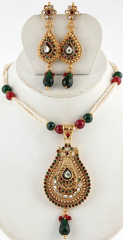Faux Ruby and Emerald Necklace Set with Pearl