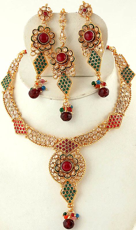 Polki Necklace Set with Faux Ruby and Emerald