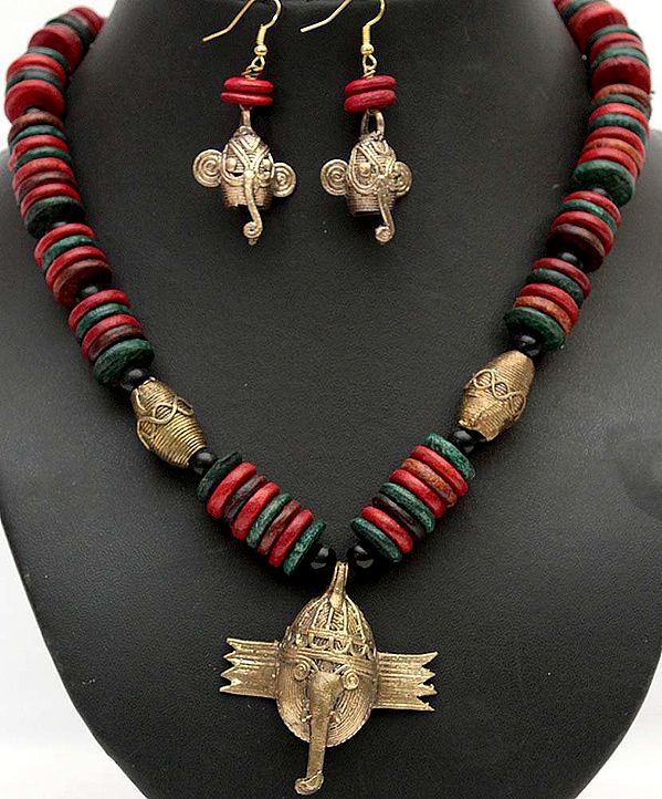 Lord Ganesha Tribal Necklace and Earrings Set with Faux Ruby, Emerald and Sapphire
