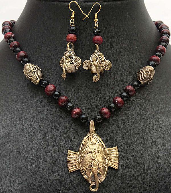 Lord Ganesha Tribal Necklace and Earrings Set with Faux Coral and Black Stone