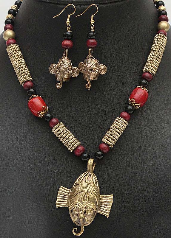 Lord Ganesha Tribal Necklace and Earrings Set with Faux Coral, Pearl and Black Stone
