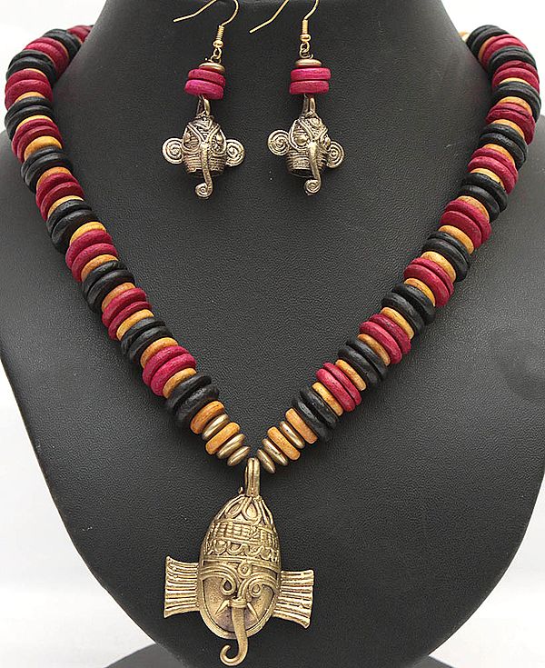 Lord Ganesha Beaded Tribal Necklace with Earrings Set