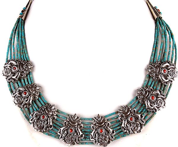 Pair of Fish (Ashtamangala) Turquoise Beaded Necklace with Coral
