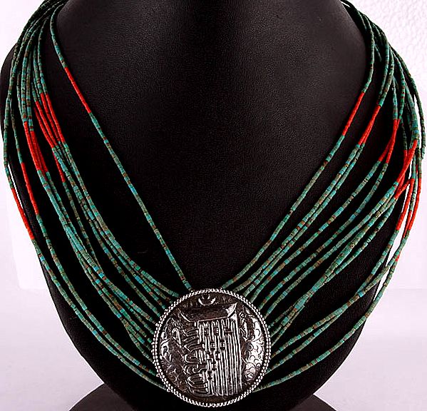 Turquoise and Coral Beaded Necklace with The Ten Powerful Syllables of The Kalachakra Mantra