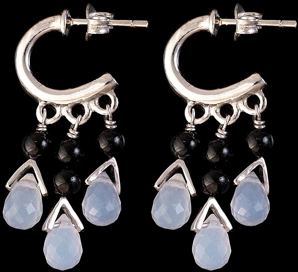 Black Onyx and Blue Chalcedony half Hoop Earrings