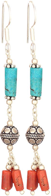 Turquoise and Coral Tube Earrings