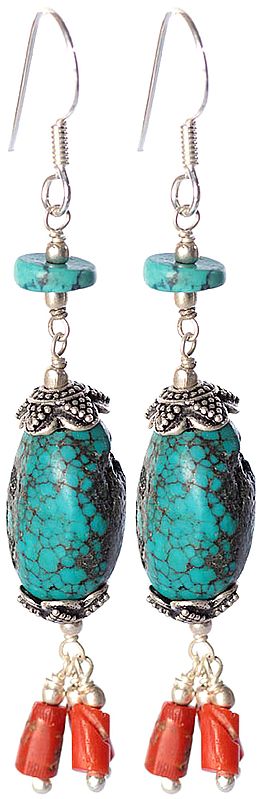 Spider's Web Turquoise Earrings with Coral