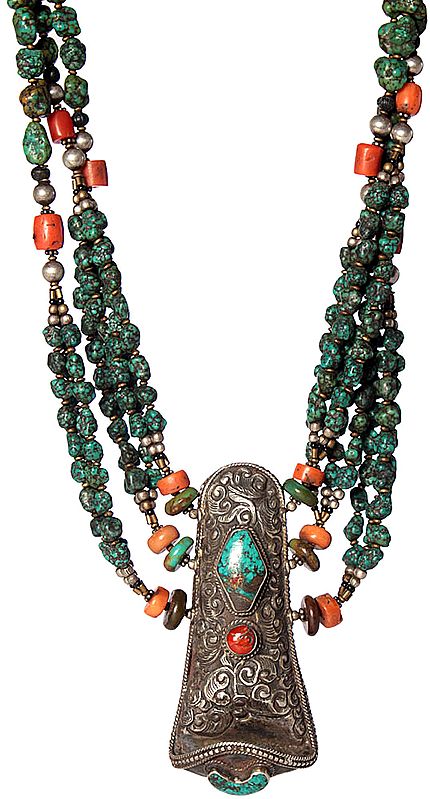 Turquoise and Coral Necklace with Serpent Pendant