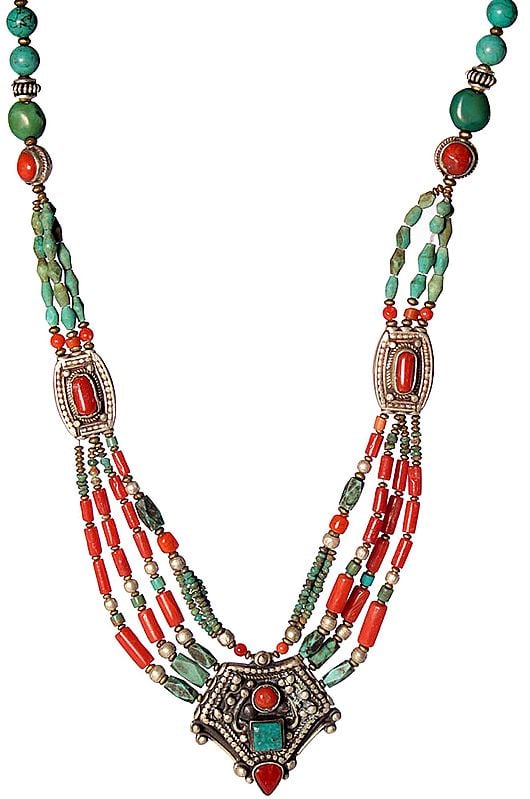 Coral and Turquoise Beaded Necklace from Nepal