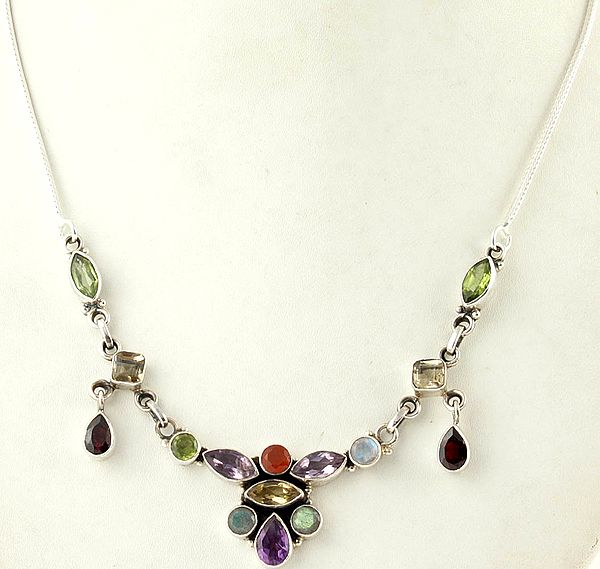 Faceted Gemstone Necklace (Peridot, Citrine, Garnet, Amethyst, Carnelian, Labradorite and Rainbow Moonstone)