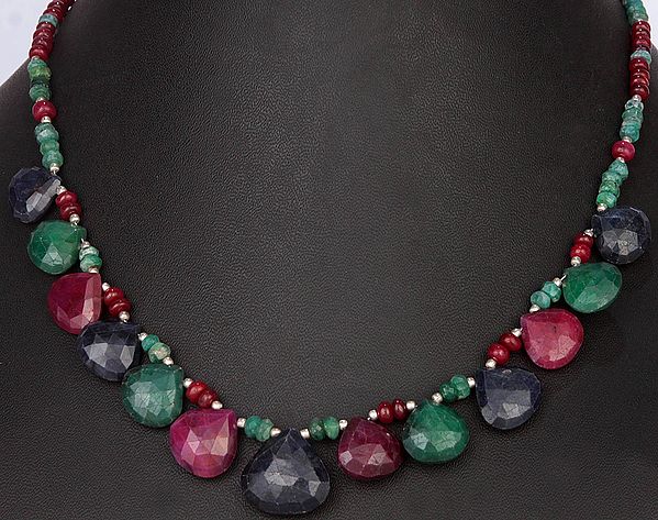 Faceted Gemstone Necklace (Blue Sapphire, Ruby and Emerald)
