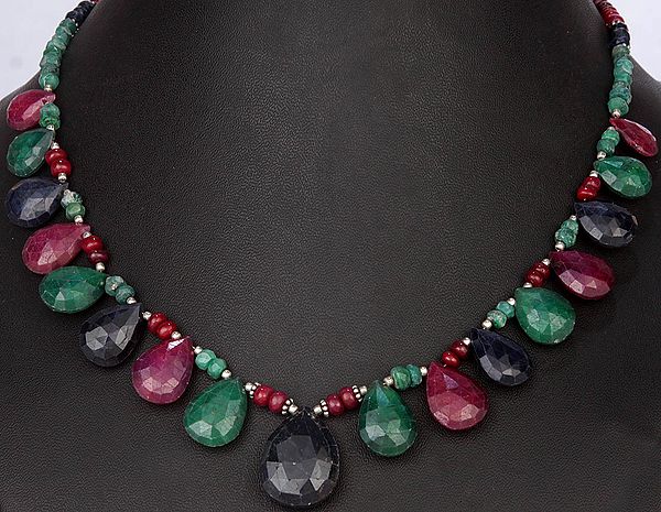 Faceted Gemstone Necklace (Blue Sapphire, Ruby and Emerald)