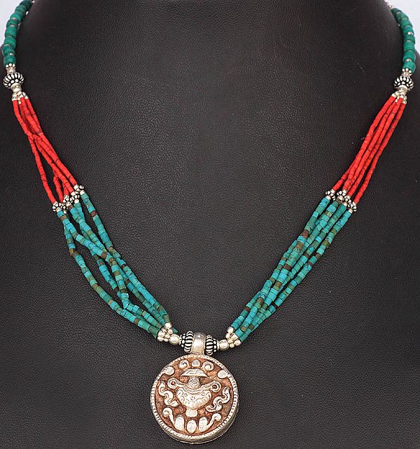 Vase (Ashtamangala) Turquoise and Coral Necklace
