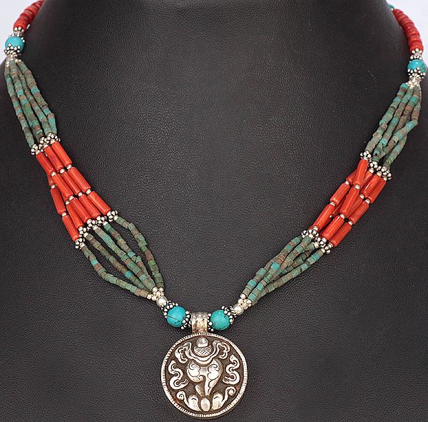 Conch (Ashtamangala) Turquoise and Coral Necklace
