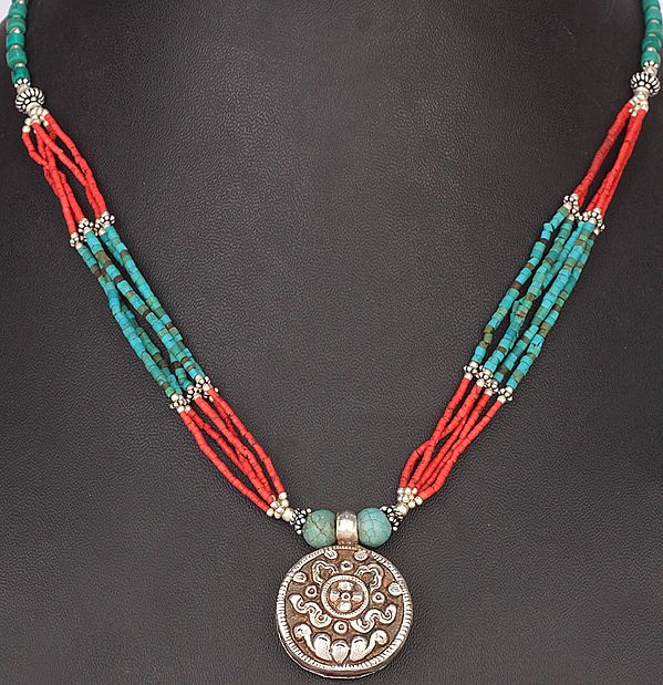Lotus (Ashtamangala) Turquoise and Coral Necklace