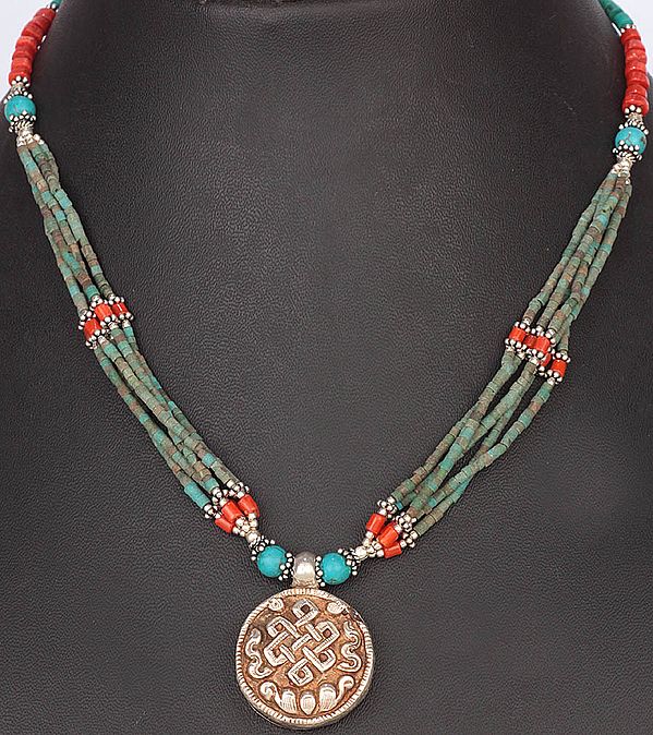 Endless Knot (Ashtamangala) Turquoise and Coral Necklace