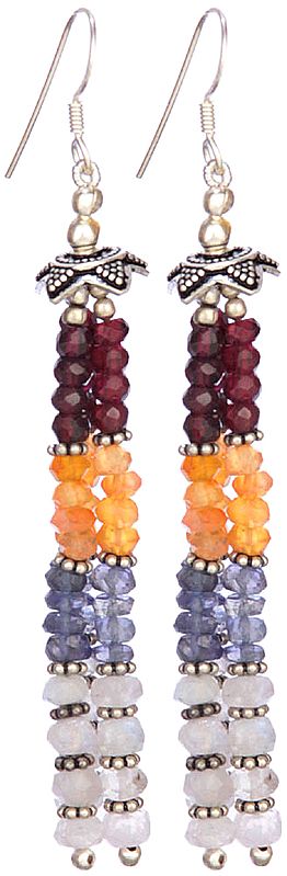 Faceted Gemstone Shower Earrings (Rainbow Moonstone, Iolite, Garnet and Orange Quartz)