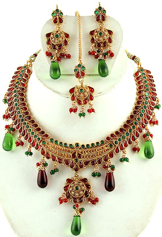 Faux Emerald and Ruby Polki Necklace Set