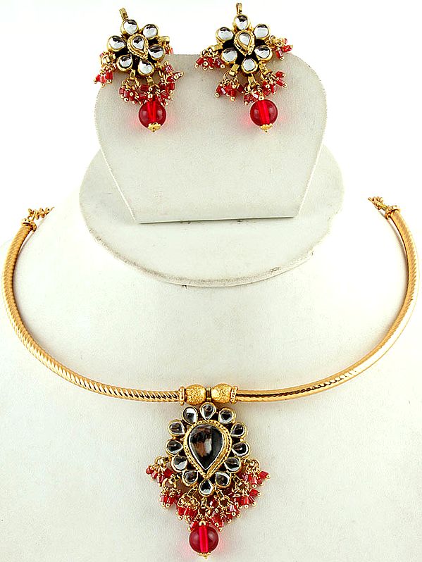 Kundan Necklace Set with Orange Beads