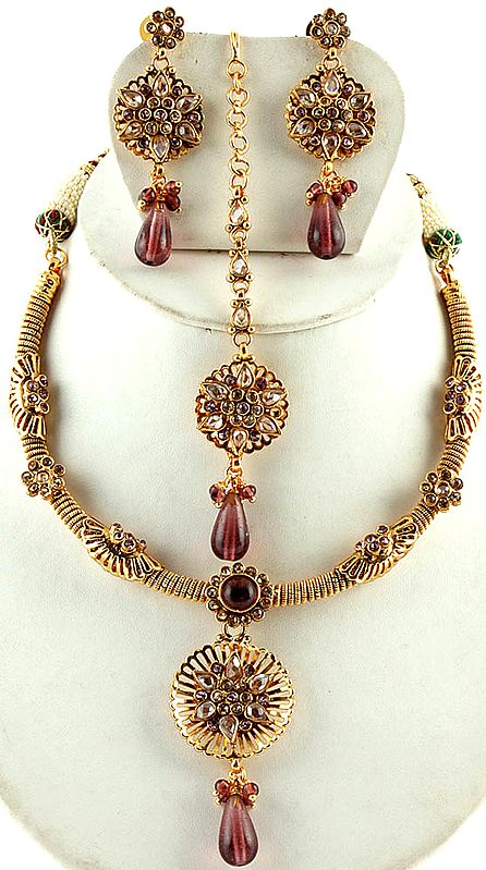 Polki Necklace Set with Faux Ruby and Cut Glass