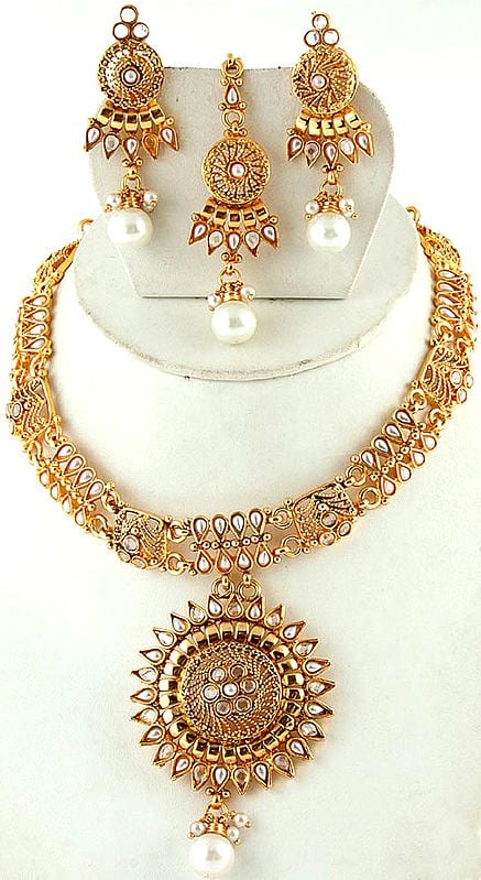 Faux Pearl Polki Necklace Set with Cut Glass