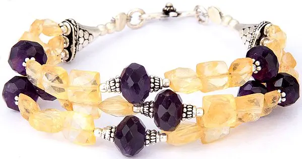 Faceted Citrine and Amethyst Beaded Bracelet