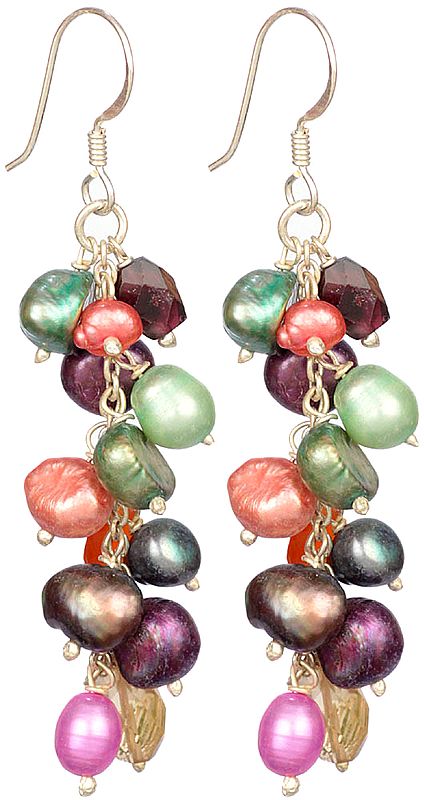 Multi-Colour Pearl Bunch Earrings with Garnet, Citrine and Carnelian