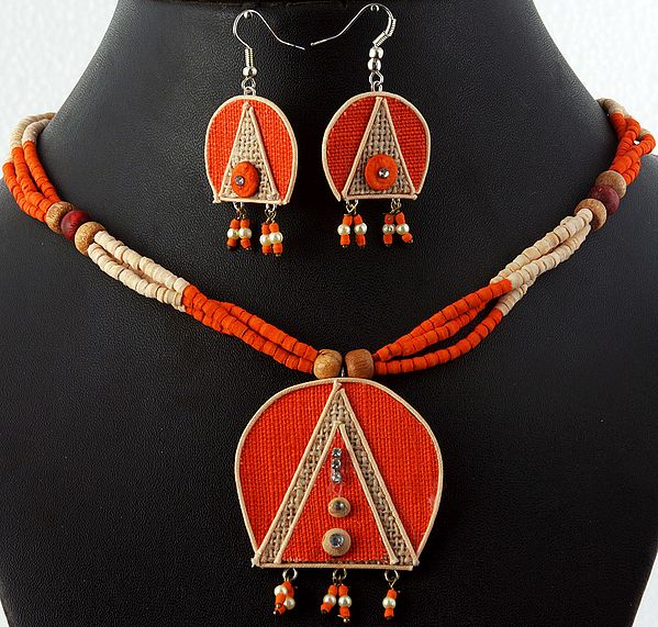 Vermilion-Red  Jute Necklace with Earrings Set