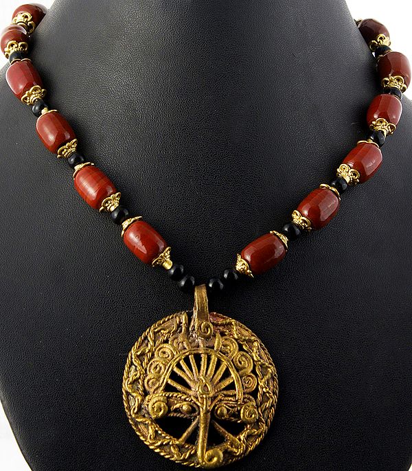Ruby-Red Beaded Necklace with Ganesha Pendant