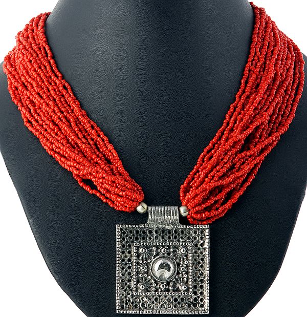 Coral-color Beaded Bunch Necklace with Metallic Pendant