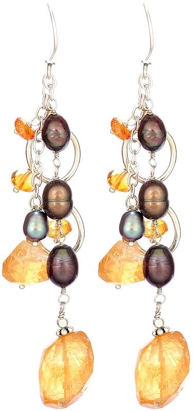 Faceted Citrine with  Black Pearl Shower Earrings